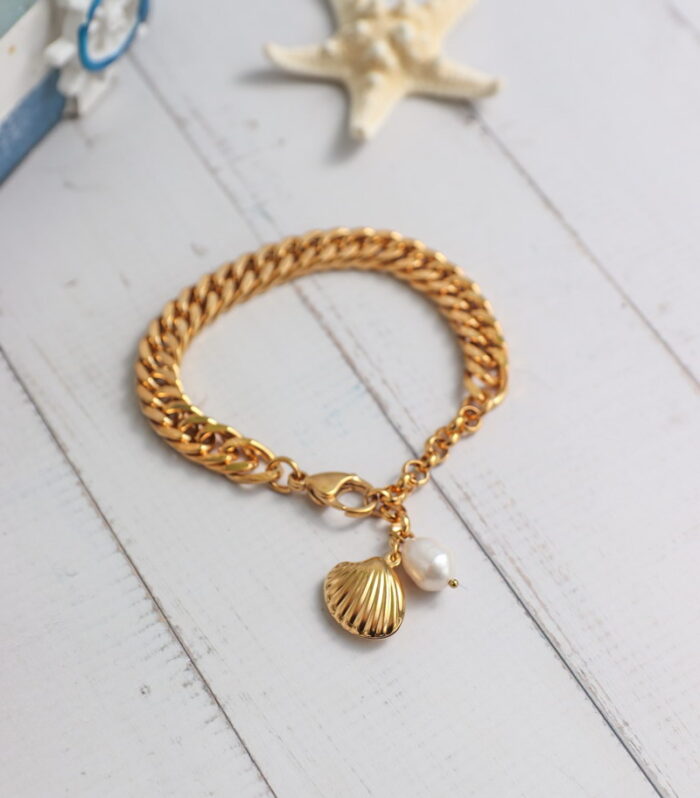 Fresh Water Pearl Stainless Steel Βραχιόλι Με Κοχύλι και Πέρλα